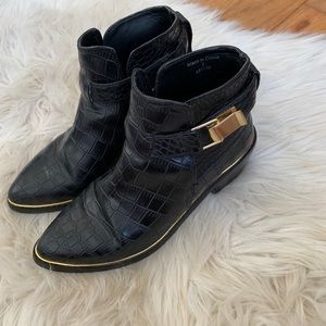ASOS black snake print ankle boot with gold buckle